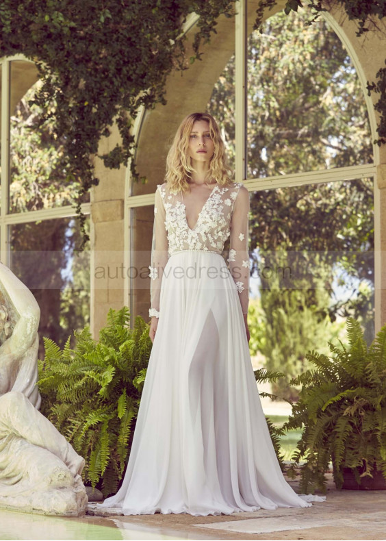 Ivory Lace Chiffon Pearl Embellished Tender Wedding Dress